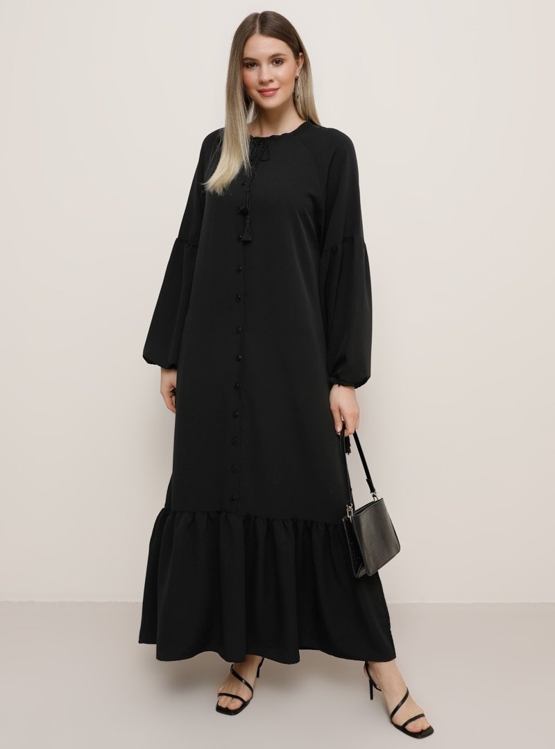 Alia Siyah Eteği Volanlı Elbise