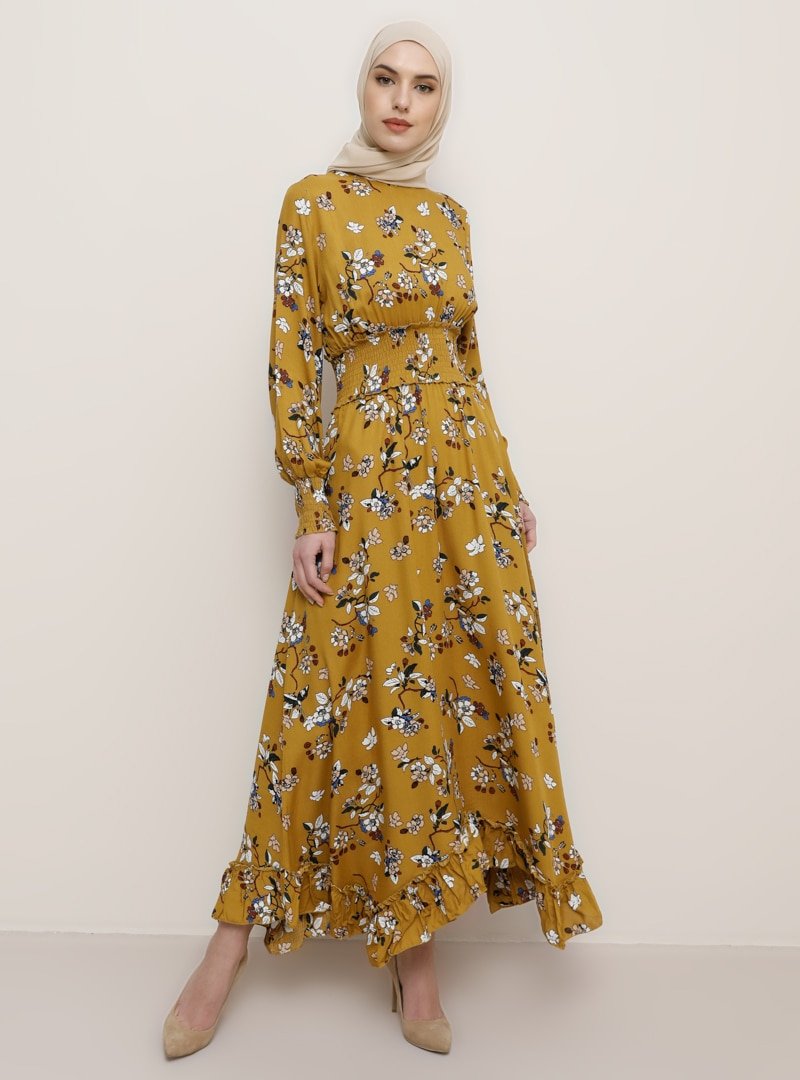 Tavin Safran Doğal Kumaşlı Çiçek Desenli Elbise