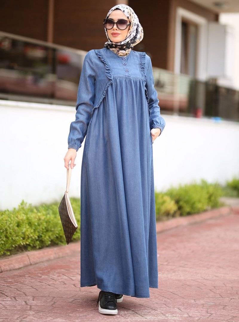 Neways Mavi Koyu Fırfırlı Tensel Elbise