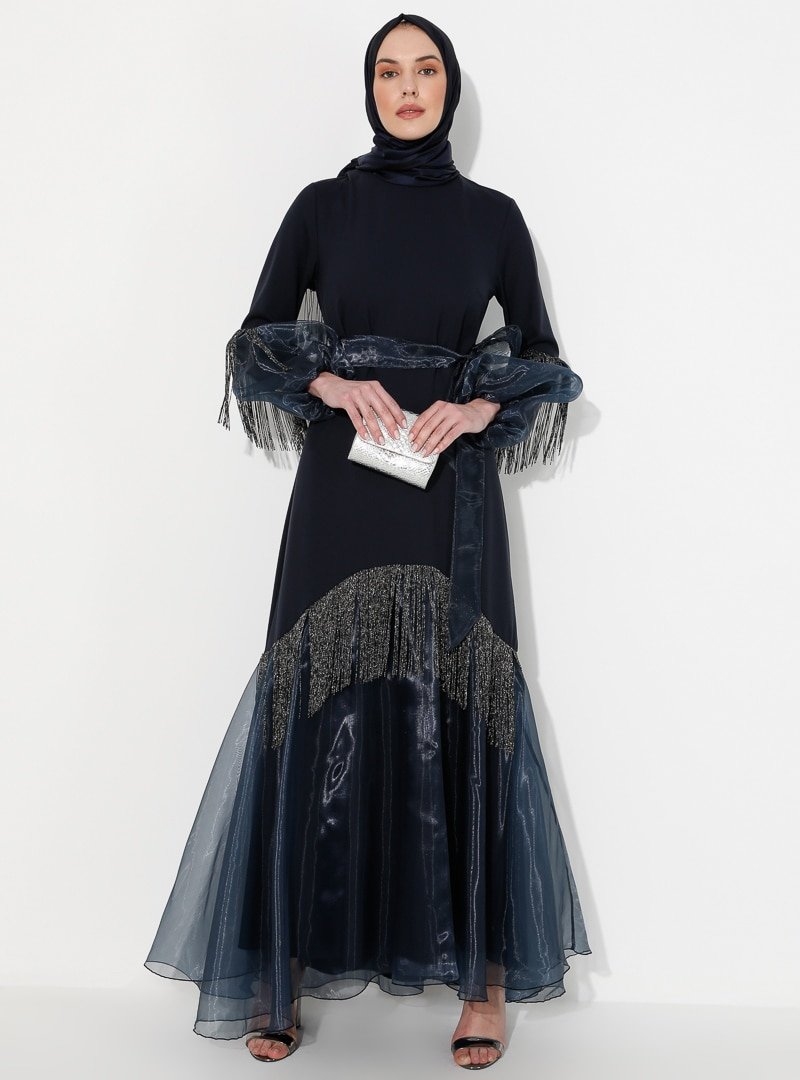Ziwoman Lacivert Püskül Detaylı Abiye Elbise