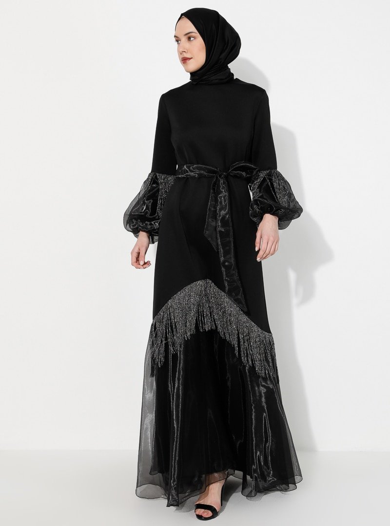Ziwoman Siyah Püskül Detaylı Abiye Elbise
