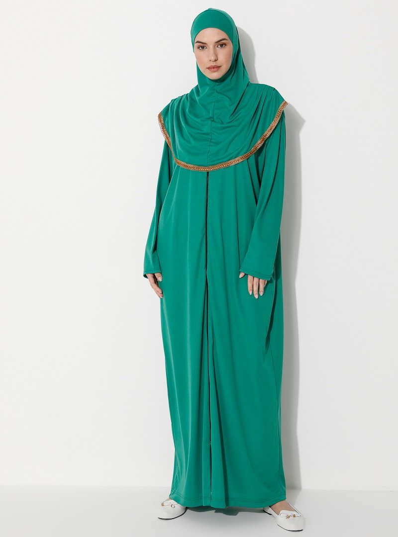 Hal-i Niyaz Yeşil Kendinden Başörtülü Fermuarlı Namaz Elbisesi