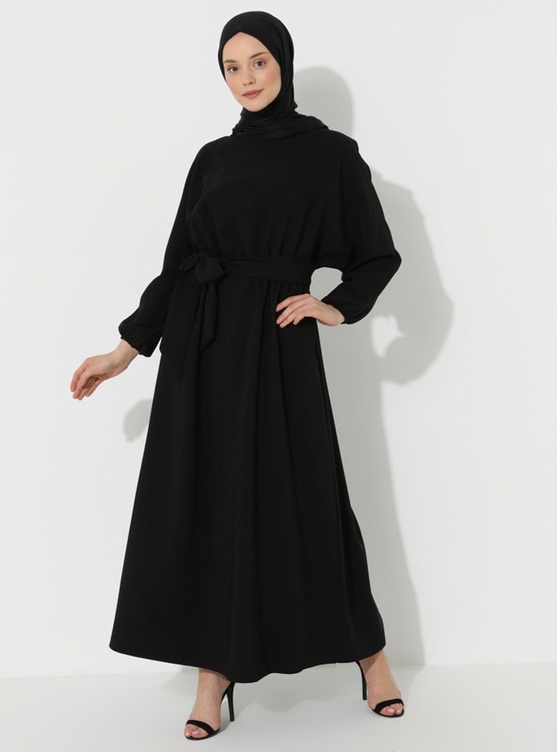 Elfida Siyah Yarasa Kollu Belden Büzgülü Elbise
