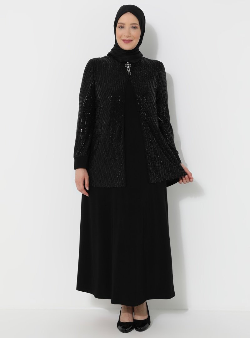 Metex Siyah Pul Payet Ceket&Elbise İkili Takım