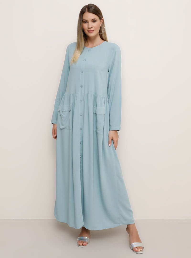 Alia Mavi Soft Doğal Kumaşlı Cep Detaylı Elbise