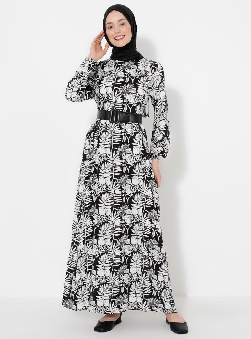 Sevit-Li Siyah Çiçek Desenli Elbise