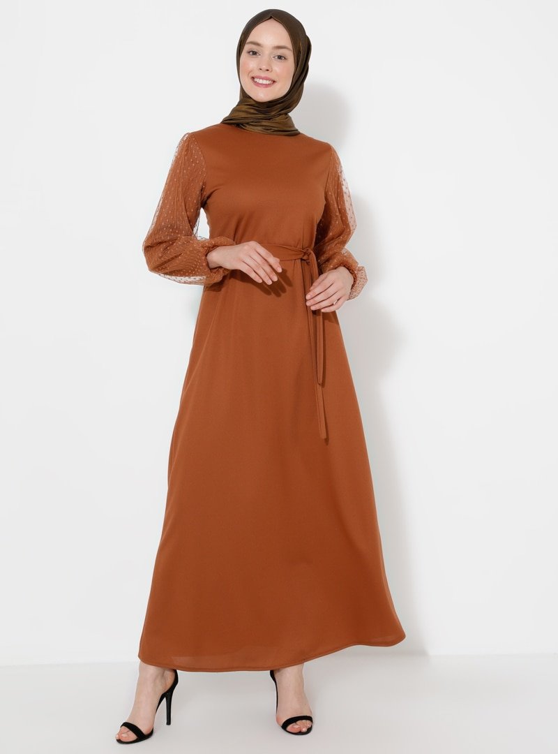 Sevit-Li Kiremit Kolları Tül Detaylı Elbise