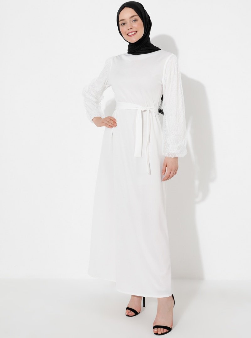 Sevit-Li Beyaz Kolları Tül Detaylı Elbise