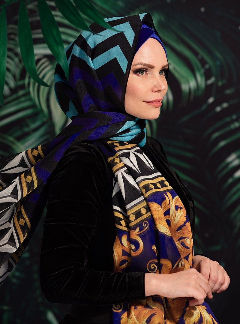 Muslima Wear Mavi Renkli Marvel Moon Shakıra Şal