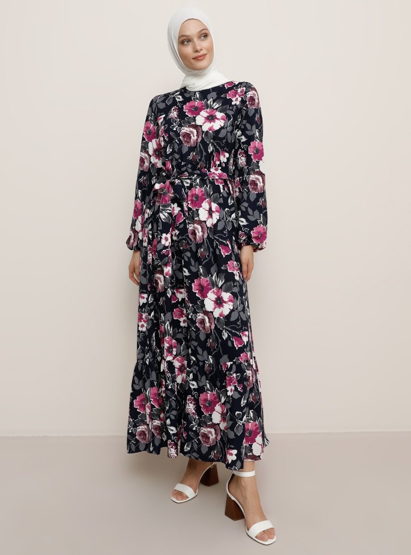Refka Lacivert Doğal Kumaşlı Çiçek Desenli Elbise