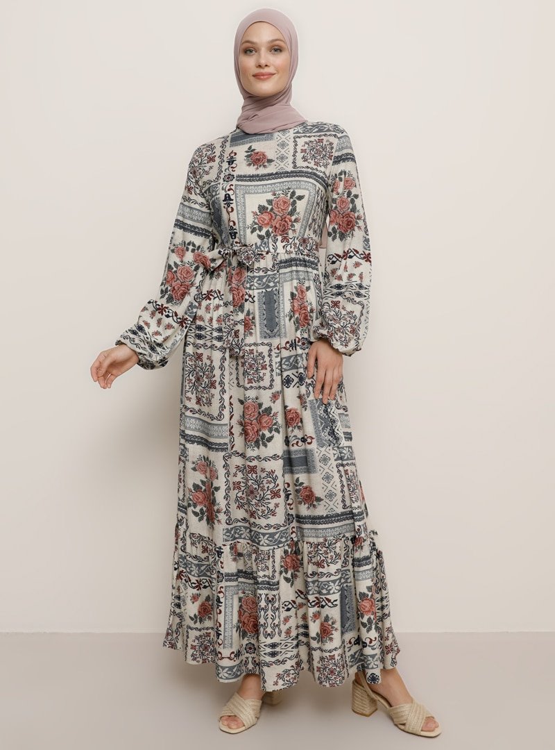 Refka Bej Doğal Kumaşlı Etnik Desenli Elbise