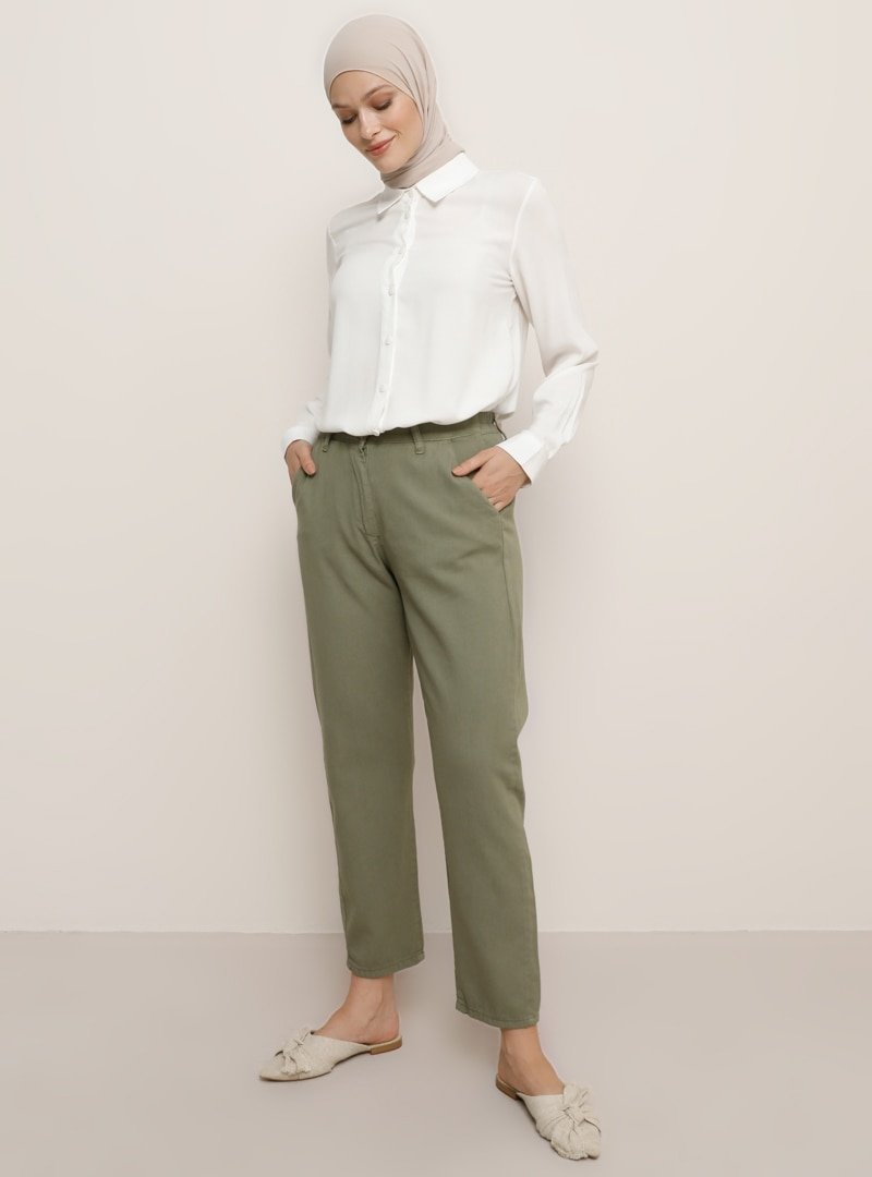 Refka Yeşil Doğal Kumaşlı Beli Lastikli Pantolon