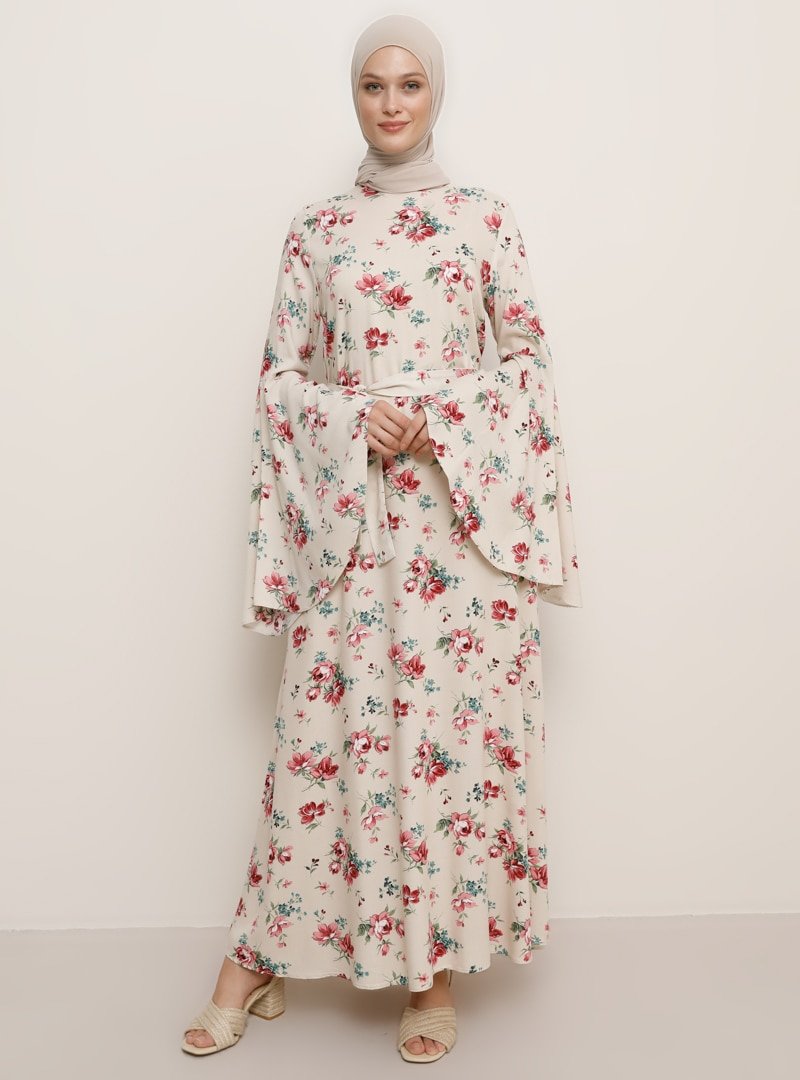 Refka Pembe Doğal Kumaşlı İspanyol Kollu Desenli Elbise