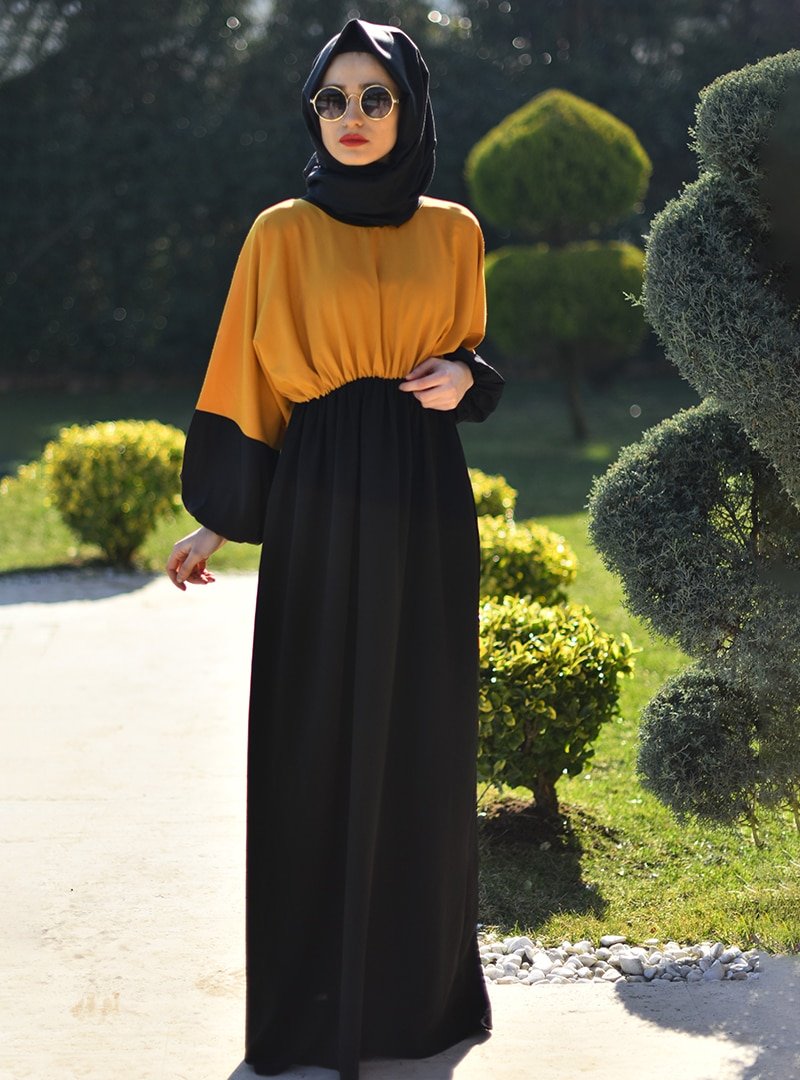 Melek Aydın Sarı Siyah Garnili Detaylı Elbise
