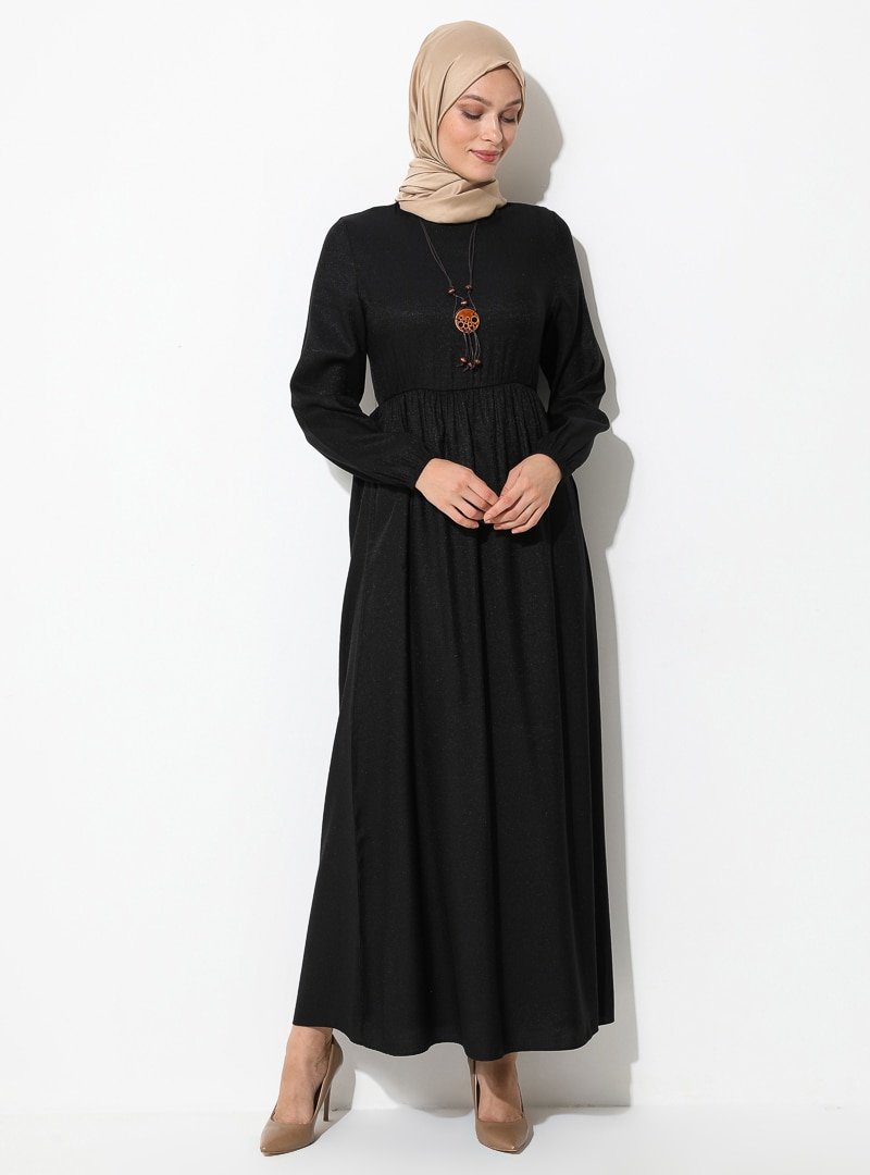 ECESUN Siyah Kolye Detaylı Elbise