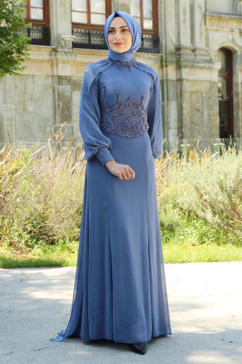 Feiza Collection İndigo İşlemeli Abiye Elbise