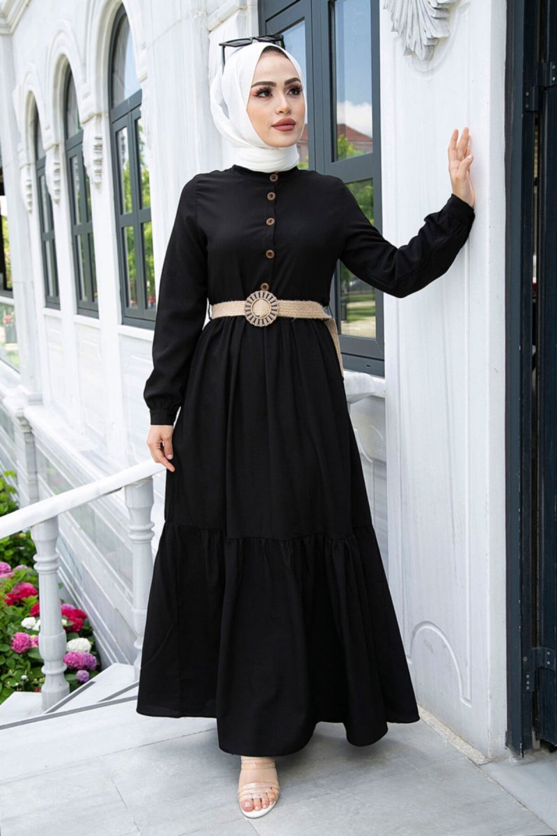 Festmoda Siyah Düğmeli Volanlı Elbise