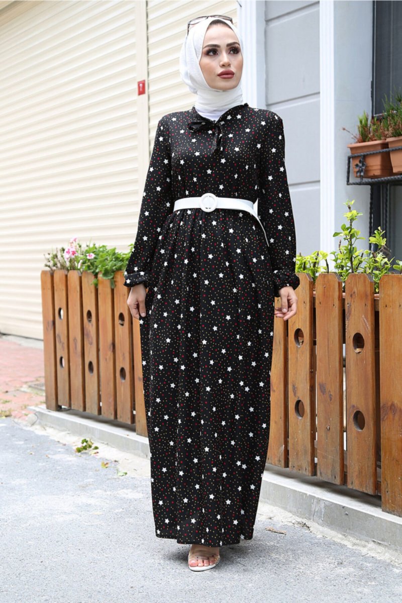 Festmoda Siyah Yıldız Desenli Elbise