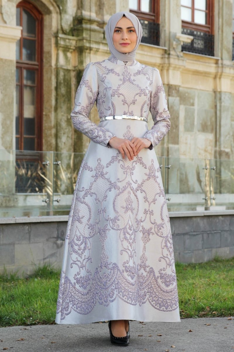 Feiza Collection Gri Brokar Kumaş Abiye Elbise