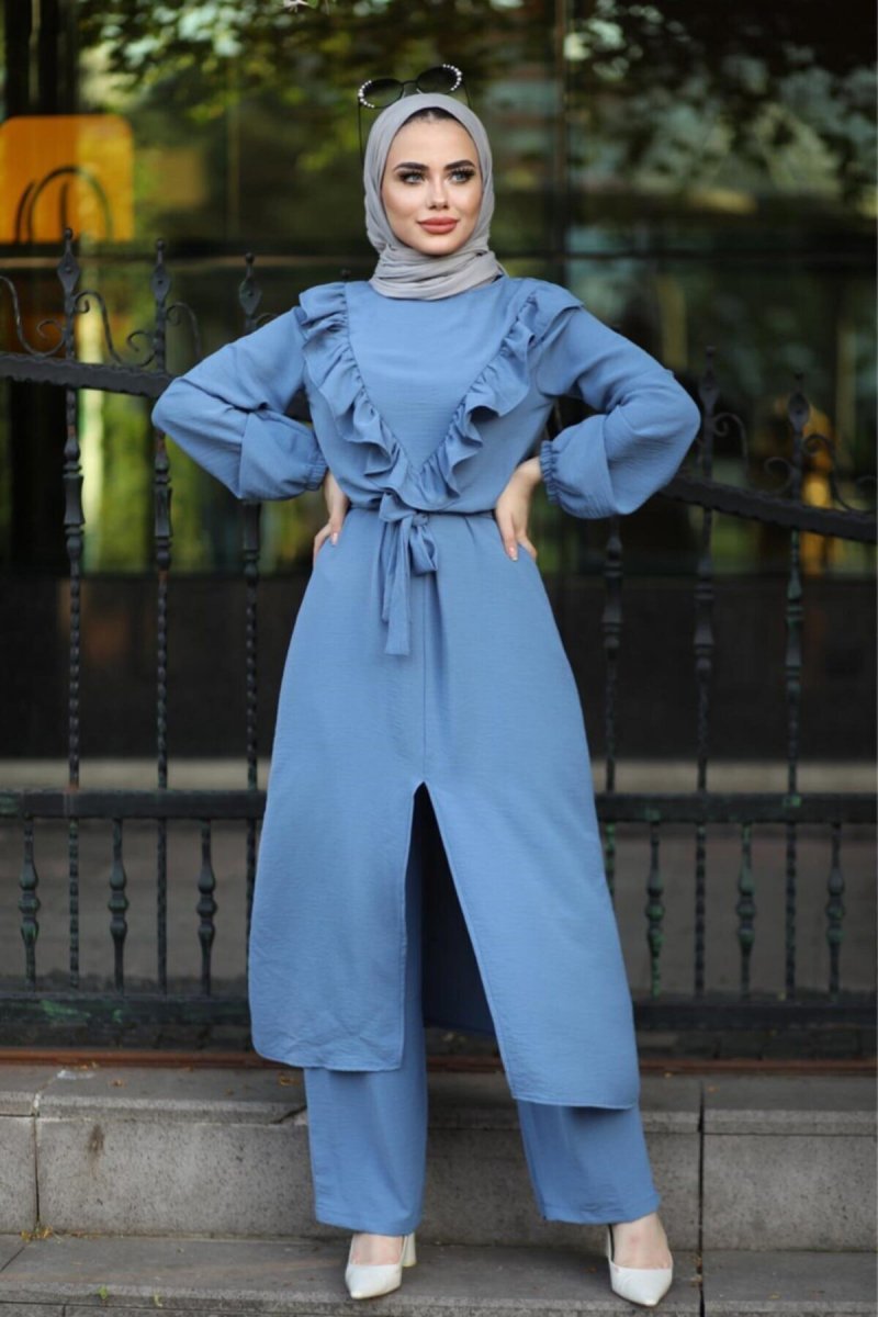 Moda Ekru İndigo Fırfırlı Tulum Pantolon Takım