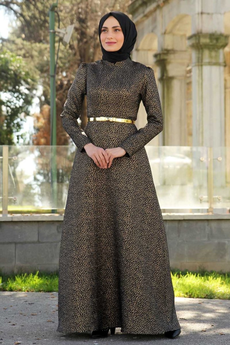 Feiza Collection Siyah Brokar Kumaş Abiye Elbise