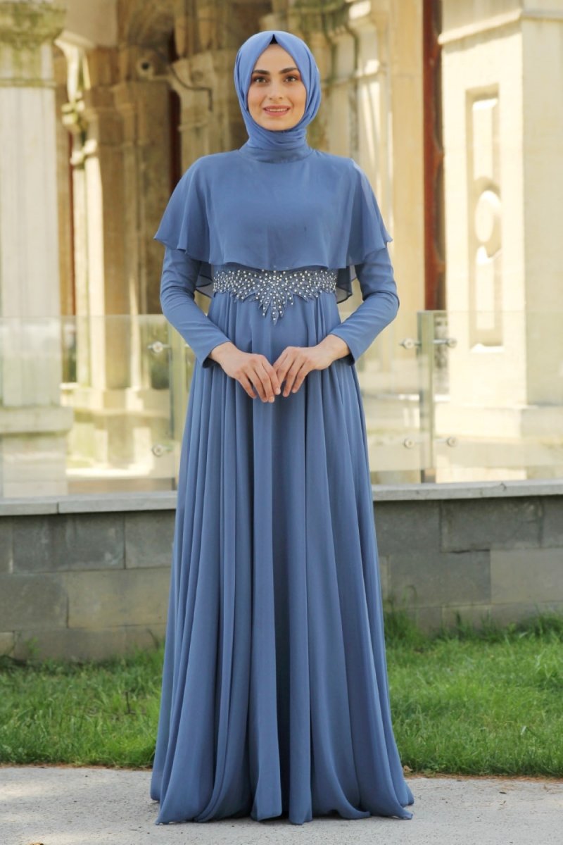 Feiza Collection Gri Yarım Pelerinli Abiye Elbise
