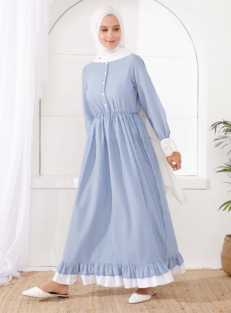 İnşirah Mavi Çizgili Desenli Elbise
