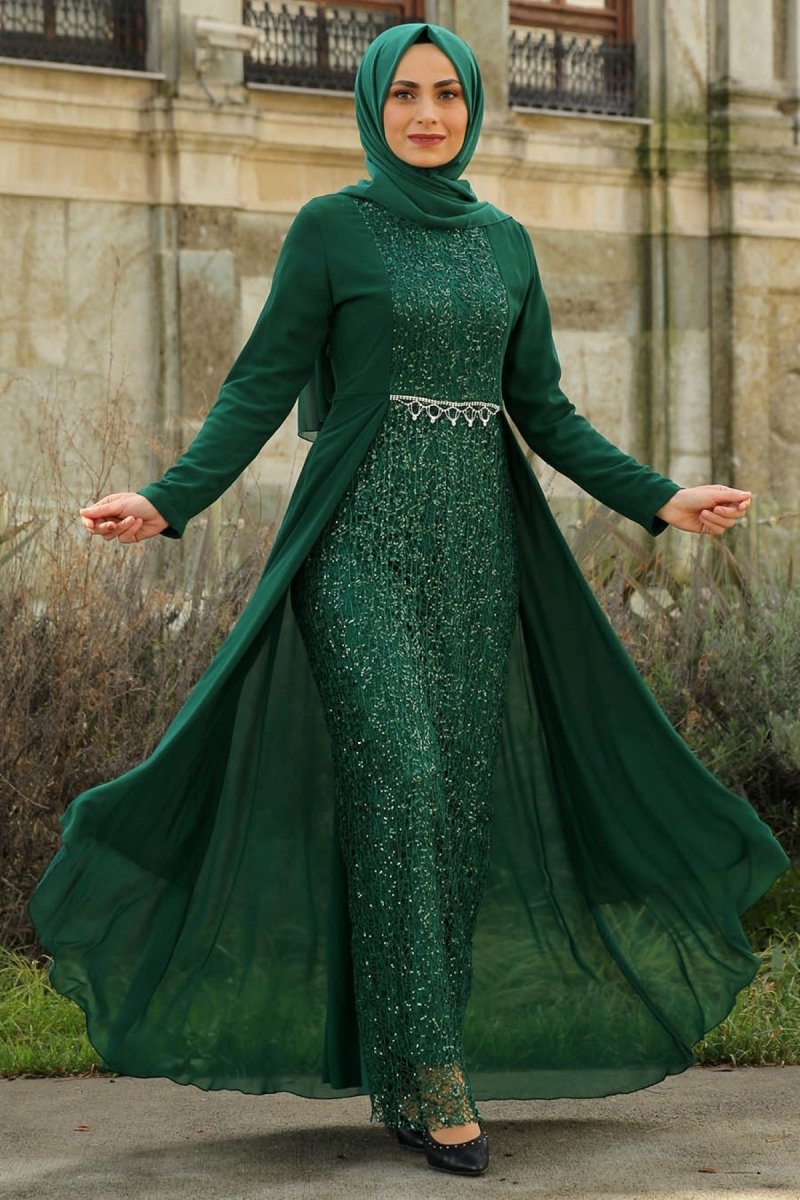 Feiza Collection Yeşil Payet Detaylı Abiye Elbise