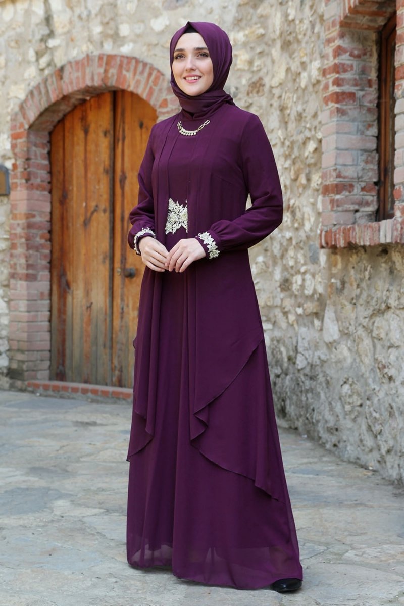 Feiza Collection Mor Dantel Detaylı Abiye Elbise