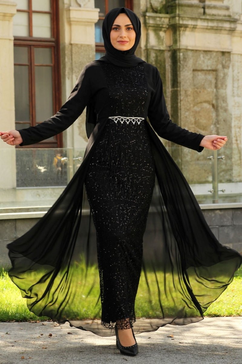 Feiza Collection Siyah Payet Detaylı Abiye Elbise