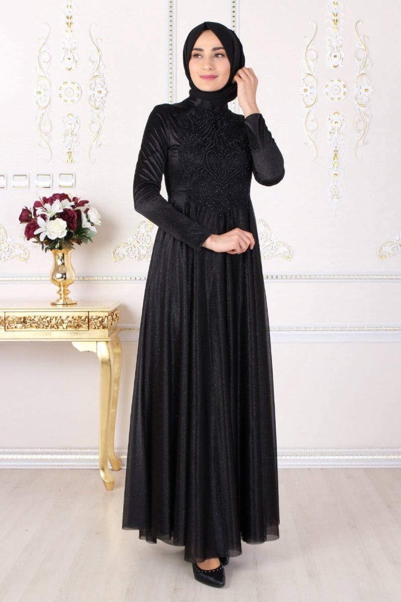Feiza Collection Siyah Güpür Detaylı Abiye Elbise