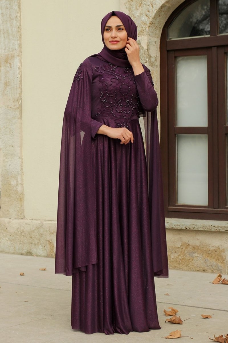 Feiza Collection Mor Güpürlü Ve Pelerinli Abiye Elbise