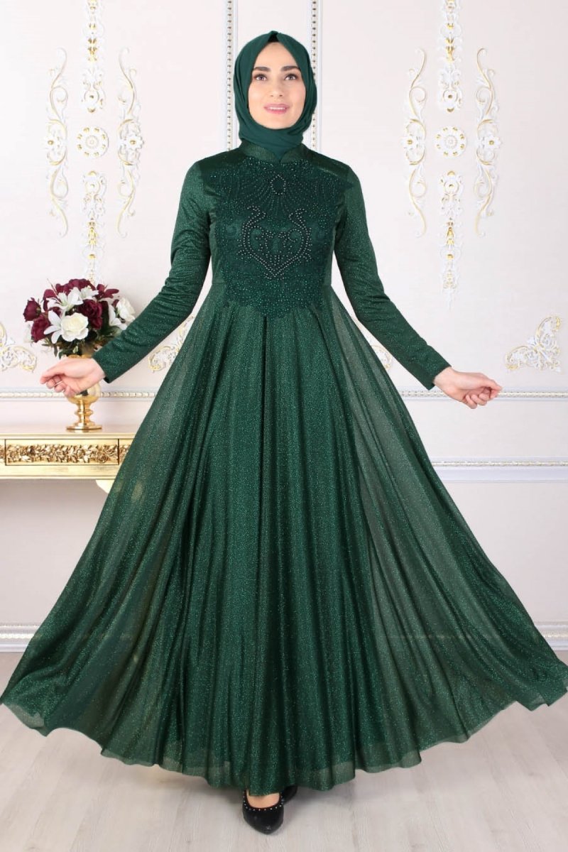 Feiza Collection Yeşil Güpür Detaylı Abiye Elbise