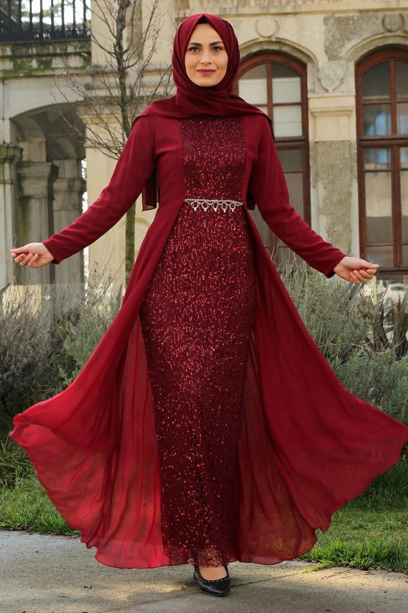 Feiza Collection Bordo Payet Detaylı Abiye Elbise