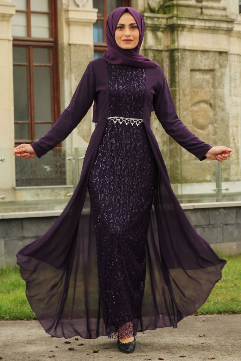Feiza Collection Mor Payet Detaylı Abiye Elbise
