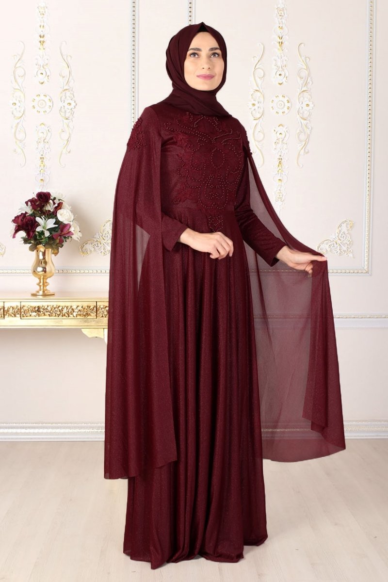 Feiza Collection Bordo Güpürlü Ve Pelerinli Abiye Elbise