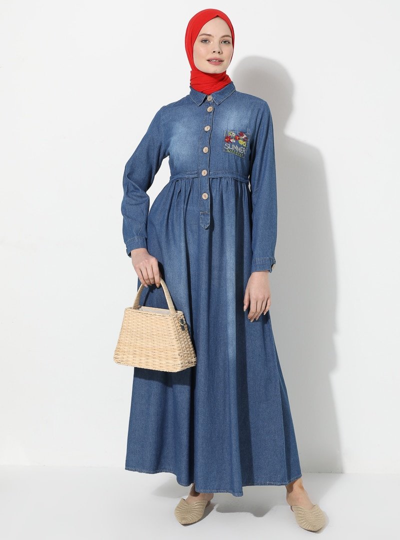 SUEM Mavi Koyu Summer Yazılı Kot Elbise