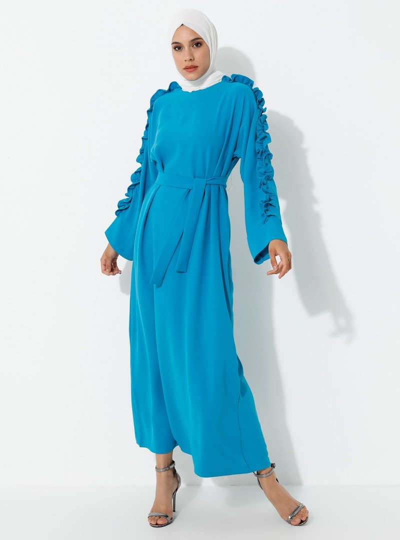 Tuncay Mavi Fırfırlı Elbise
