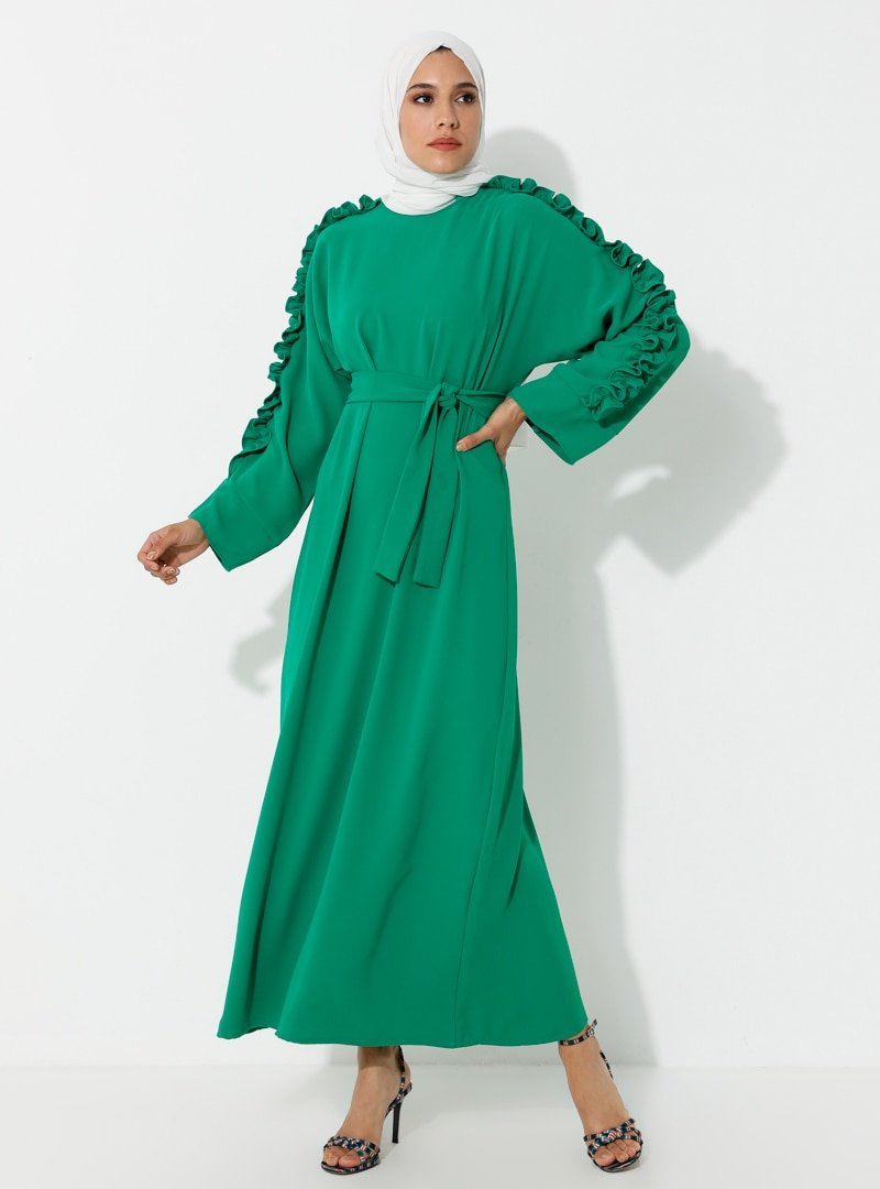 Tuncay Yeşil Fırfırlı Elbise