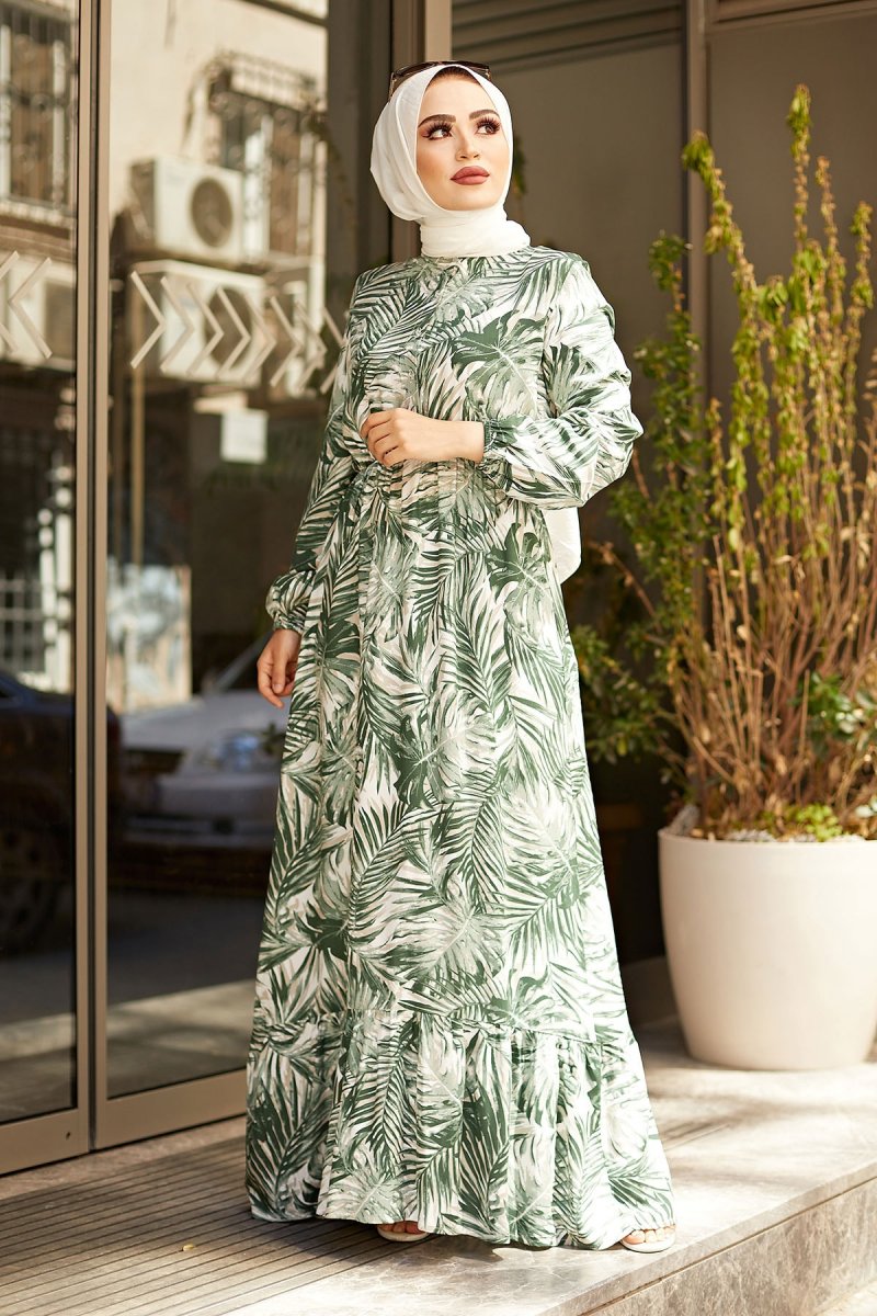 Festmoda Yeşil Palmiye Desenli Elbise
