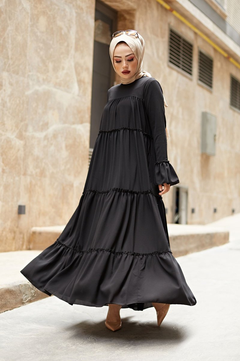 Festmoda Siyah Fırfırlı Elbise