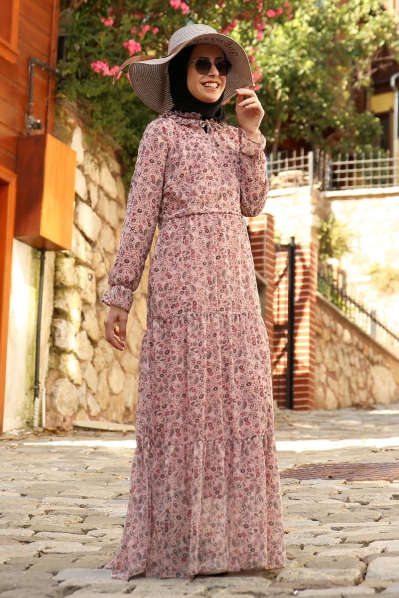 Feiza Collection Pudra Çiçek Desenli Şifon Elbise