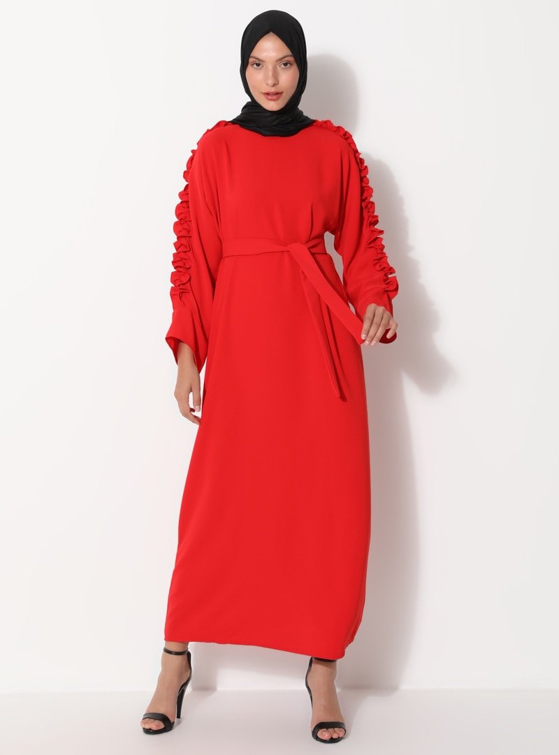 Tuncay Kırmızı Fırfırlı Elbise
