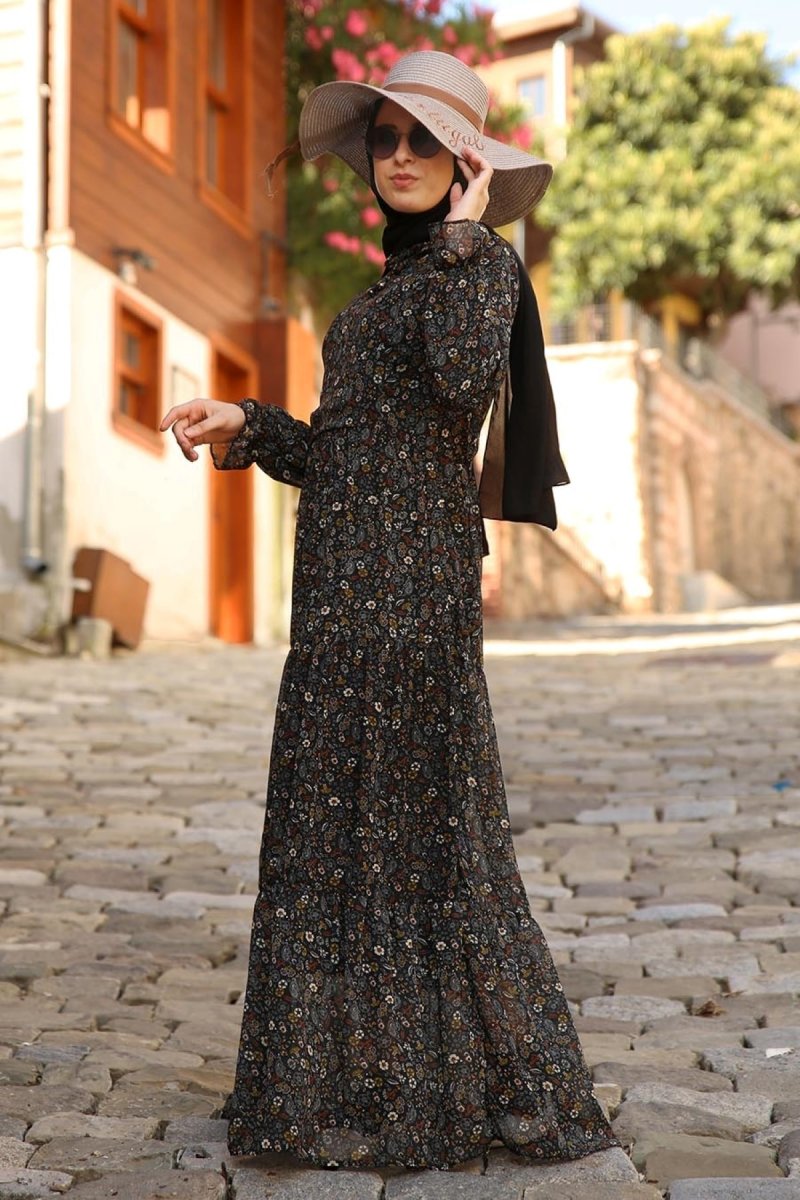 Feiza Collection Siyah Çiçek Desenli Şifon Elbise