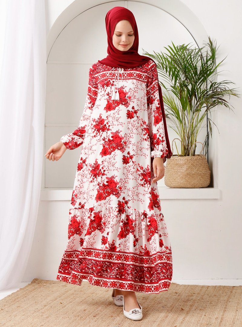 İnşirah Kırmızı Çiçek Desenli Elbise