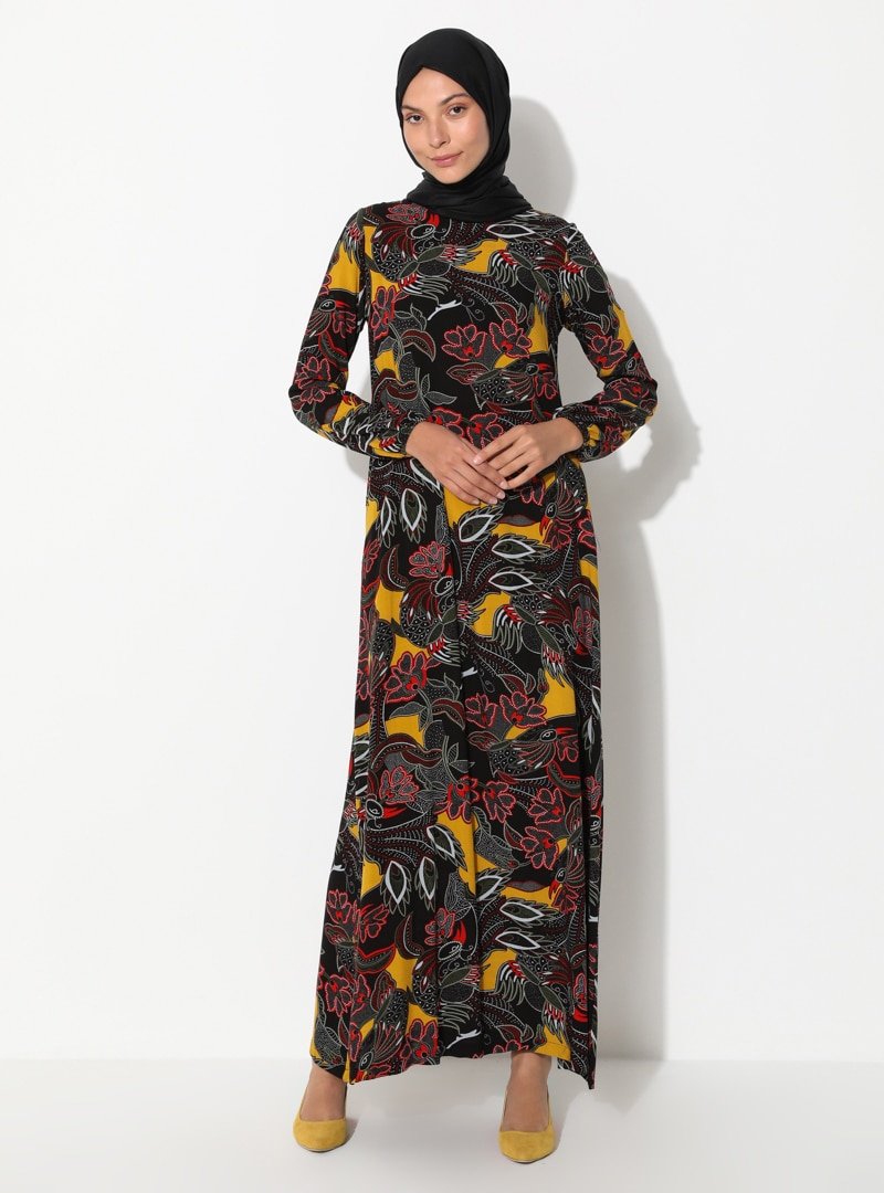 Ginezza Hardal Siyah Çiçek Desenli Elbise