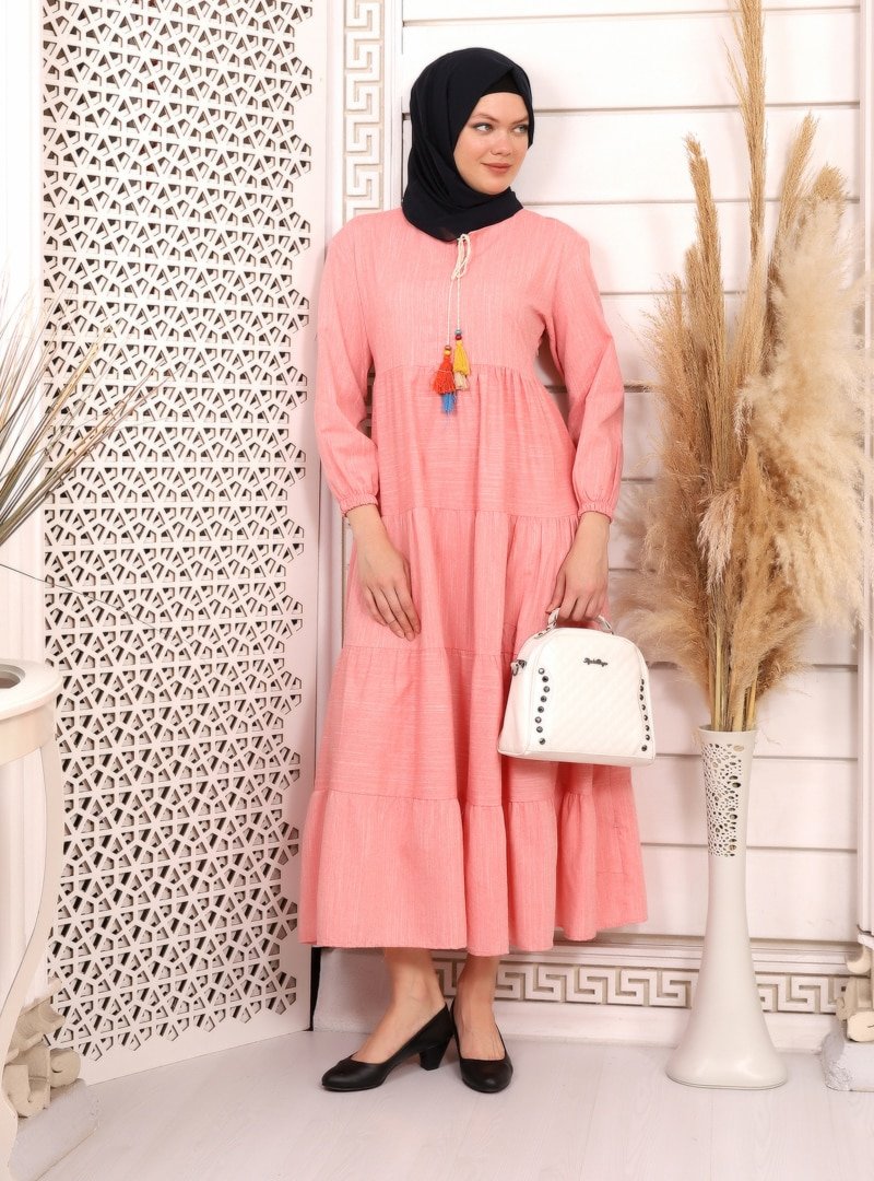 Pink Lady`s Mercan Kat Volanlı Elbise