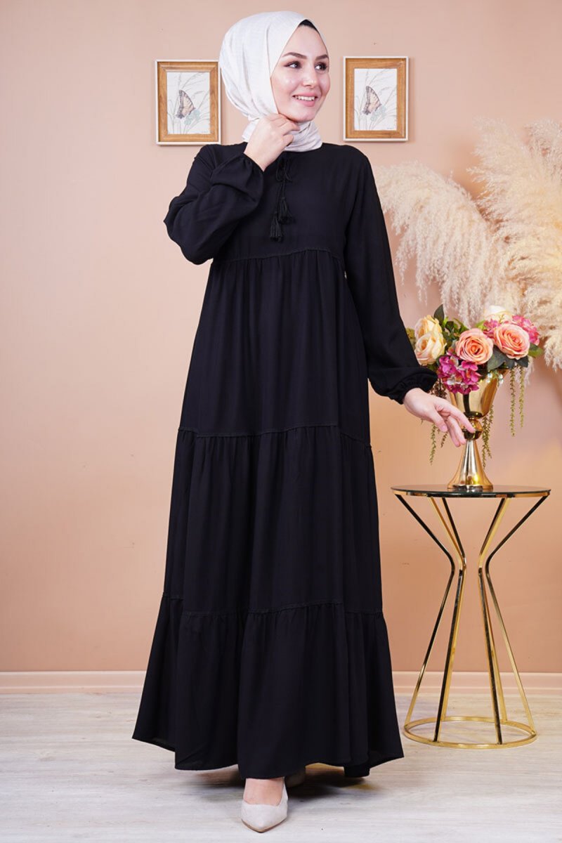 Festmoda Siyah Yakası Bağcık Detaylı Elbise