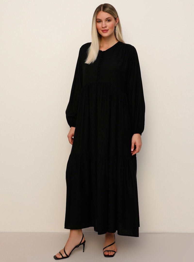 Alia Siyah Brit Düğme Detaylı Elbise