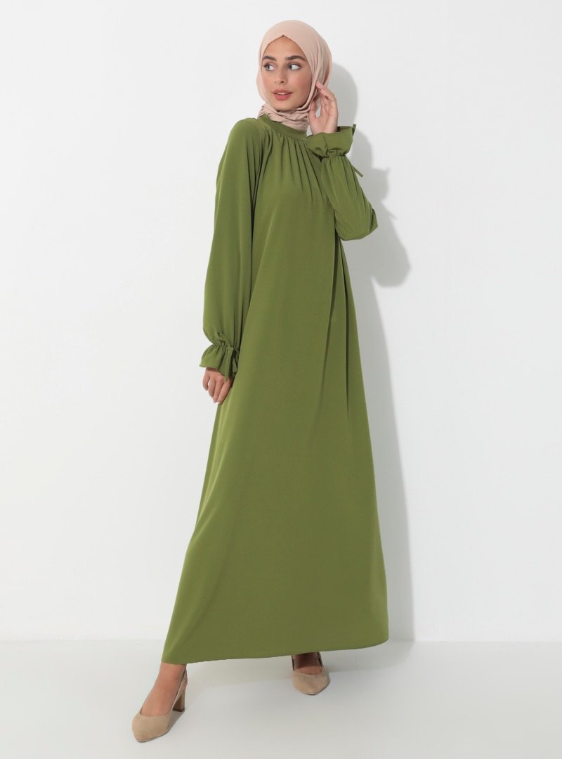 Moda Zenis Yeşil Kol Uçları Lastikli Elbise